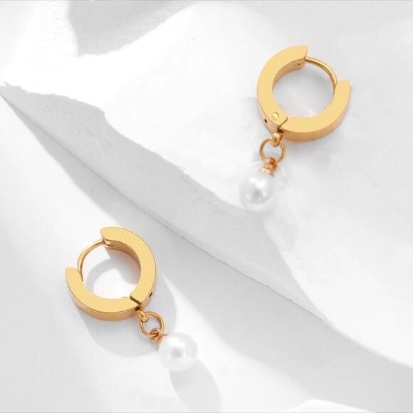 Pearl Huggie Hoop Earrings - Picture 2 of 3